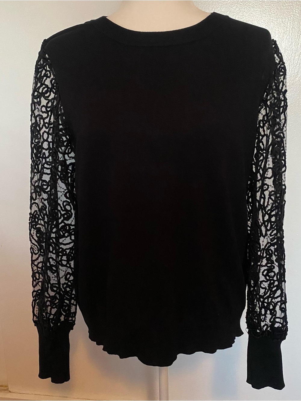 Zac & Rachel Black Crewneck Top Knit Bodice Sheer Lace Statement Sleeves size L
